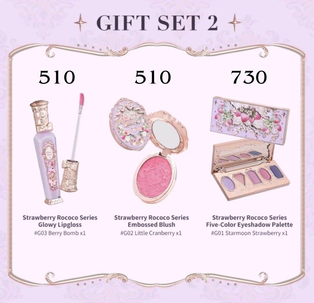Flower Knows Set 2 Purple Strawberry Rococo Series 3rd Batch (Category: Makeup) located in Las Pinas. Submitted by mofuanxi (Listing ID 1301641458, Image 1). Description: this is the 3rd batch for hatian. Eyeshadow ❌ TAKEN mop: gcash mod: sdd/jnt/lbc.