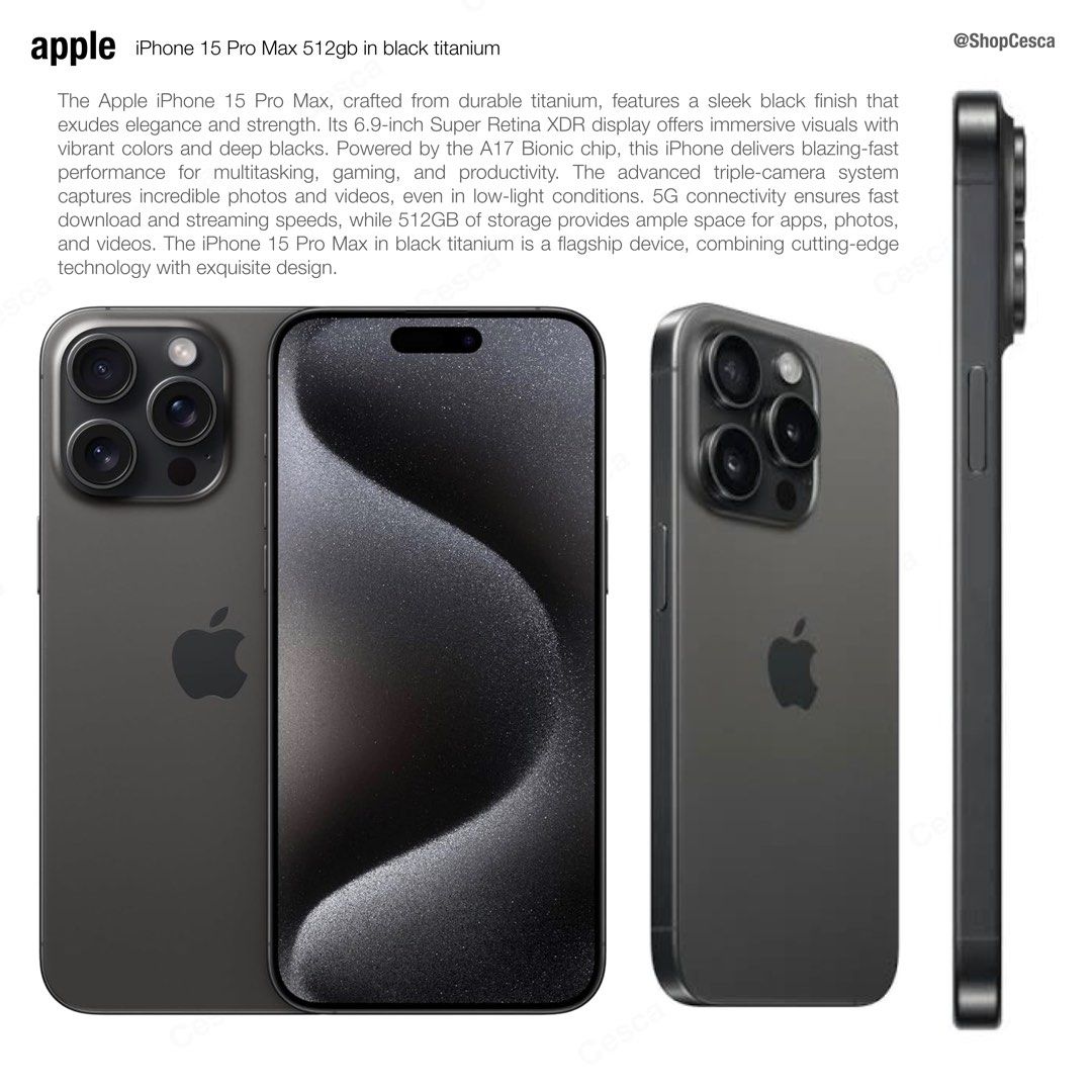 iPhone 15 Pro Max 512 gb in black titanium (Category: iPhone 15 Series) located in Taguig. Submitted by ShopCesca (Listing ID 1301522430, Image 1). Description: Brand new and sealed From Australia Manufacture date: March 2024 With physical sim slot With international Apple warranty Not swapping No layaways.