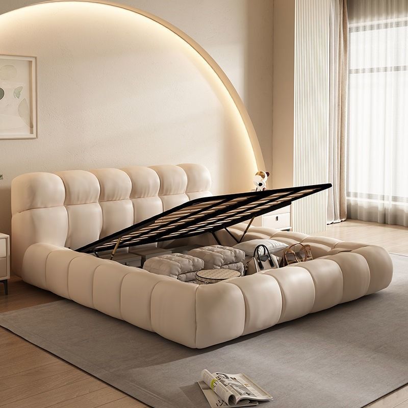 Italian Minimalist Puff Bed Frame Nappa Leather And Solid Wood Bed ...