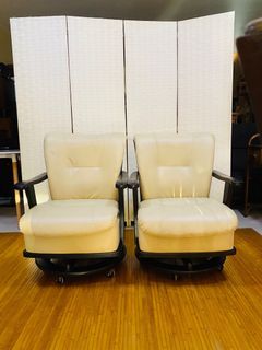 JAPAN SURPLUS FURNITURE NITORI 2PCS SWIVEL CHAIRS  BULKY FOAM , GENUINE LEATHER  SOLD WOOD FRAME FG041  SIZE 20.5L x 21.5W x 16H in inches  18.5"SANDALAN HEIGHT  16.5"ARM REST  (AS-IS ITEM)  IN GOOD CONDITION