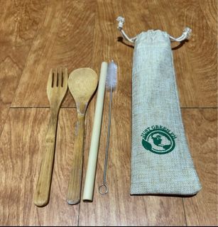 Just Green wooden spoon, fork, straw