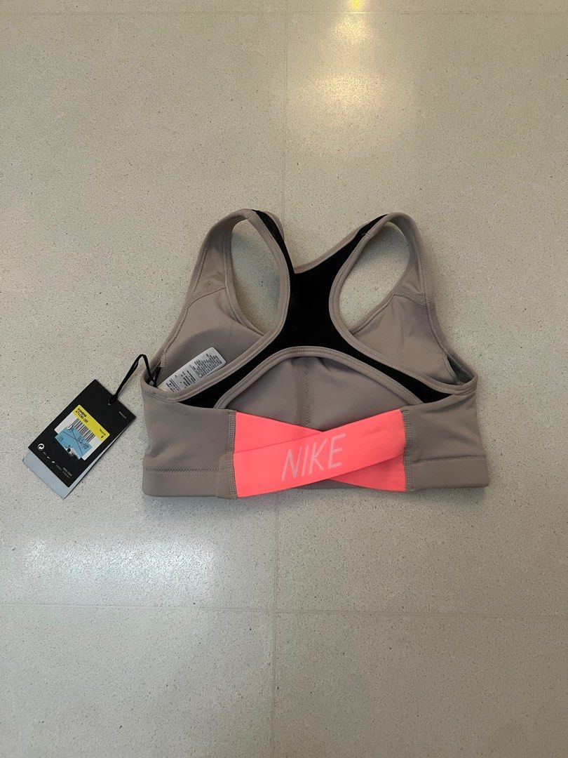NIKE Cross Back Classic Sports Bra in Beige Brown Neon Coral Size S