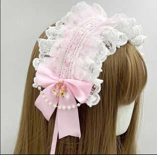 Pink white lolita ribbon lace pearl headdress