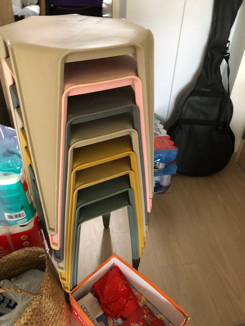 Plastic stackable chairs (Category: Chairs) located in Singapore. Submitted by virtualmartenterprise (Listing ID 1301556001, Image 3). Description: Very versatile and useful chairs as additional seating and compact when kept and unused. Multi coloured. 8 pieces in total. Price stated is for 1. Offer for all..