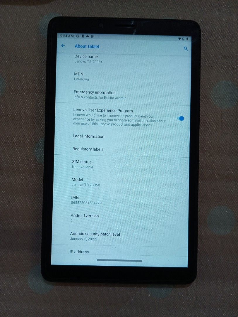 Pre Loved Lenovo Tab M7 (Category: Android) located in Muntinlupa City. Submitted by anythingboutiquebylala (Listing ID 1301490295, Image 2). Description: Pre Loved Lenovo Tab M7 with box but na misplaced Yung charger. Gift yan sa Mother in law last Christmas but ayaw talaga gamitin Kaya naka tabi Lang sa room lagi naka off. Gamit Lang Yan pantawag o Kung may natawag sa kanya pero ayaw talaga gamitin. Processor MediaTek MT8765 (4C, 4x A53 @1.3GHz