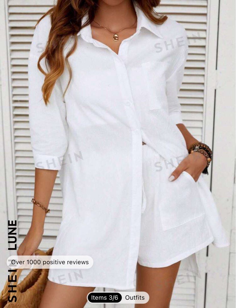 Pre-loved set (Category: Sets or Coordinates) located in Taguig. Submitted by ranunculus2021 (Listing ID 1301527134, Image 2). Description: Pre-loved top and bottom (inner not included) A bit sheer. Top : Long back Shorts: has pockets; garterized 30cm-40cm Size : S (but fits M) ₱ : ₱350 Used once Sf : to be arranged and shouldered by buyer 📍BGC, Taguig .