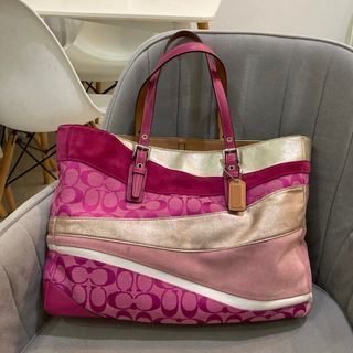 Rare Vintage Coach Pink Wave Multicolor Suede Gallery Tote Bag