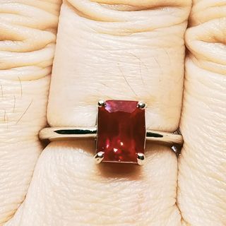 Ruby ring. Emerald cut. Open ring. 18 plated. Platinum. UV reactive.