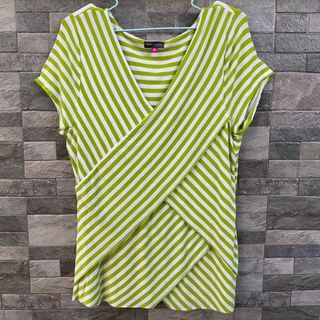 Vince Camuto Jersey Knit Top Vince camuto Vneck striped YELLOW GREEN and White Asymmetrical stretchy blouse US size XL - fits XL- XXL Filipina frames