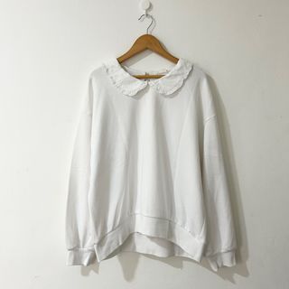🌸 SALE 🌸 GU BY UNIQLO Plain White Poplin Peter Pan Round Collar Lettuce Trim Loose Fit Sweater Shirt Longsleeves