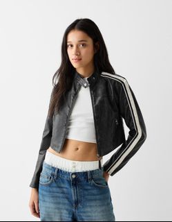 bershka faux biker leather jacket with white side stripes