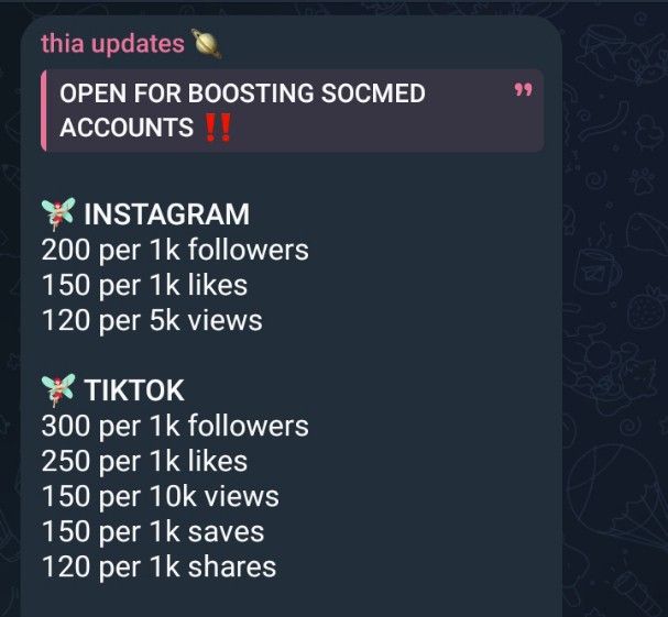 BOOSTING SOCIAL MEDIA ACCOUNTS‼️ (Category: Announcements) located in Manila. Submitted by thiasocmeds.ph (Listing ID 1301692735, Image 1). Description: 📩 welcome to thia socmeds shop ! if you're having a trouble with the engagement of your account, I am here to help you ! I am offering boosting service that will help to gain your audience for your business or personal use ! reminders/notes : — link/username needed only — 101% safe (proven and t