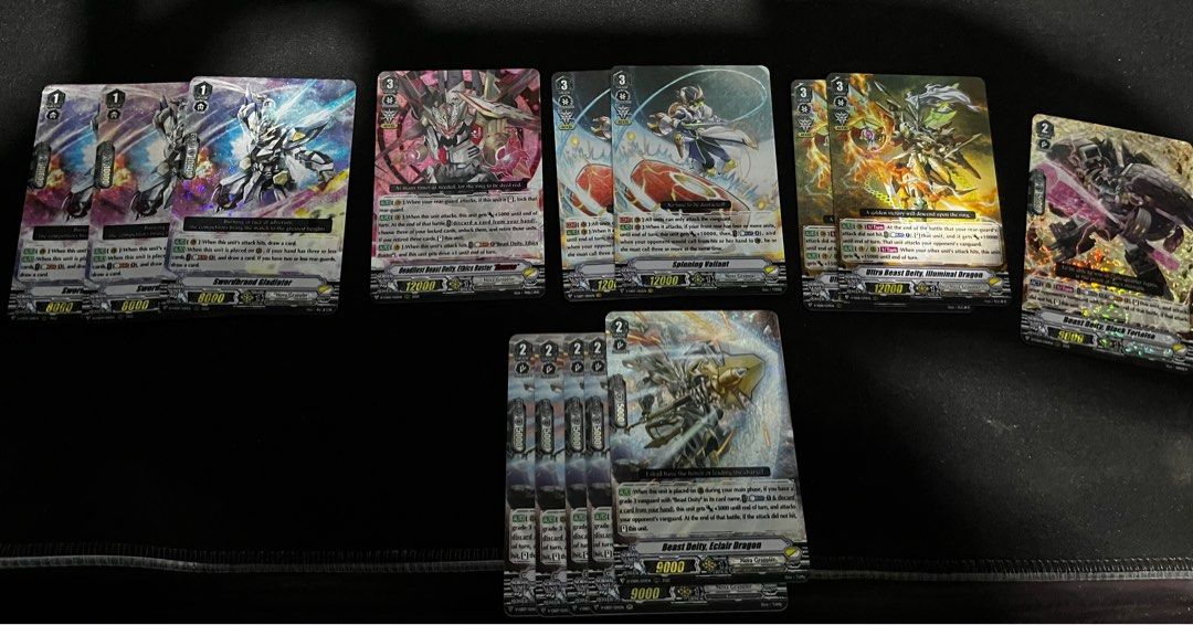 Cardfight Vanguard VPrem Nova Grapplers Bundle (Category: Raw Singles) located in Cebu City. Submitted by dtrandom (Listing ID 1301811063, Image 1). Description: The bundle contains the following: 5 Beast Deity Eclair Dragon (one is RRR) 3 Swordbrand Gladiator 2 Ultra Beast Diety Illuminal Dragon 2 Spinning Valiant 1 Deadliest Beast Deity Ethics Buster “Reverse” 1 Beast Deity Black Tortoise.