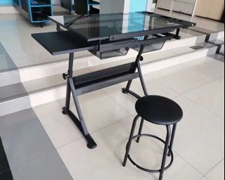 Drafting Glass Table with leather padded stool
