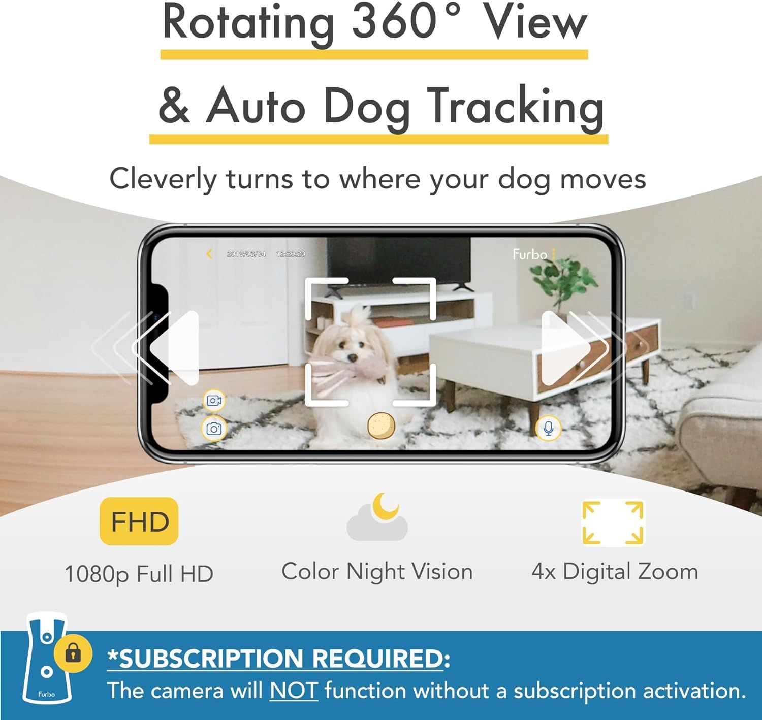 Furbo 360 Dog Camera Premium Safety Package Subscription Required Smart Camera Designed for Dogs 360 View Tracking Treat toss Barking