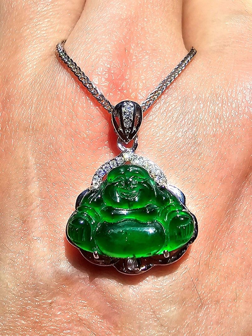 Grade A icy clear imperial green jadeite guantamala laughing buddha with zirconia on S925 silver pendant Women s Fashion Jewelry Organisers Necklaces on Carousell