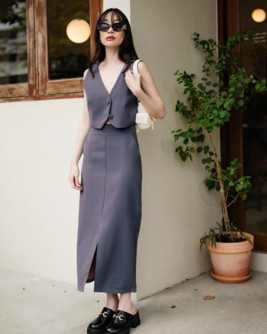 Grey tank top long skirt rok formal dress office kerja kantor