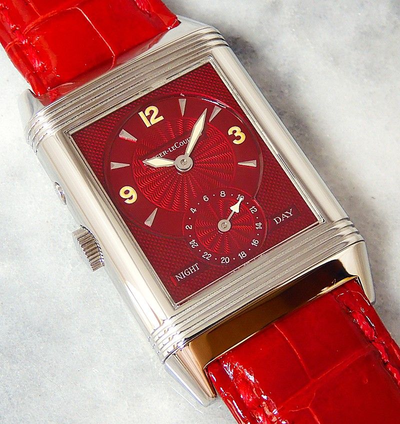 Jaeger LeCoultre Reverso Duo Burgundy Night Day Mechanic Watch 270.840.548B Silver Red Dial SS used