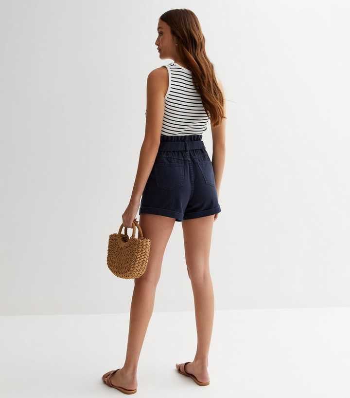 Navy blue paper bag shorts deals