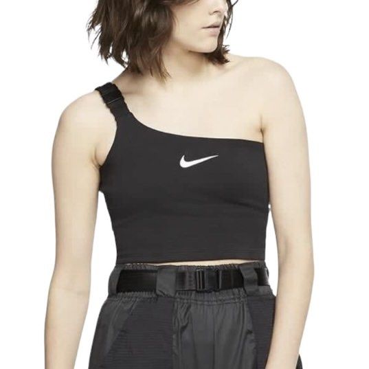 NIKE Women s Black One Shoulder Strap Buckle Cropped Top