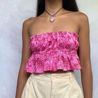 OFFSHORE Prettiest Magenta Pink Floral Tiered Ruffle Crop Tube Top | VinTheLine Vin The Line THEVELOUR The Velour | Vintage Retro Y2K 90s Coquette Balletcore Beach Cottagecore Fairy Fairycore Dressy Party