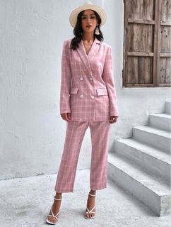 Plaid Print Double Breasted Blazer & Tailored Pants