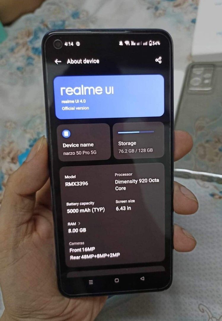 REALME NARZO 50 PRO 5G GAMING PHONE (Category: Realme) located in Cavite. Submitted by mackyesteban00 (Listing ID 1301733932, Image 2). Description: 8K NALANG PAUNAHAN 16K ORIGINAL PRICE REALME NARZO 50 PRO 5G HARD GAMING PHONE GINAMIT LANG DISPLAY SA MALL GOOD AS NEW SPECS: 6.43 INCHES SUPER AMOLED 90Hz REFRESH RATE CORNING GORILLA GLASS 5 16GB RAM TOTAL (8+8GB) 128GB STORAGE UFS 2.2 DIMENSITY 920 5G GAMING VAPOUR COOLING SYSTEM 48MP TRIPPLE CAM