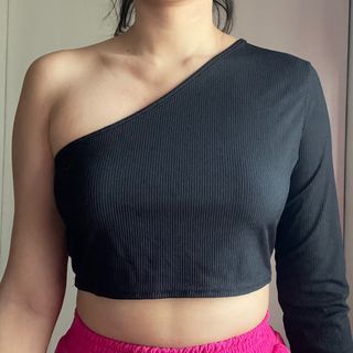 Plus size Ribbed one shoulder long sleeve crop top