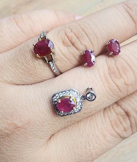 Ruby ring, earrings, and pendant