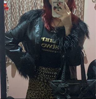 [FREE SHIPPING] SHEIN black cropped fur leather jacket