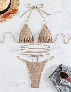 SHEIN Swim SXY Summer Beach Halter Neck Ring Detail Bikini Set With Triangle Bottoms Khaki