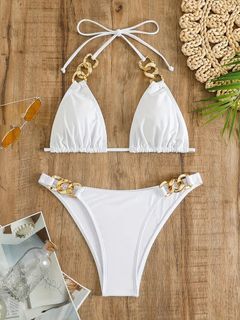 SHEIN Swim Textured Bikini Set Rhinestone Fringe Triangle Bra Top & Tie Side Bikini Bottom 2 Piece Bathing Suit White