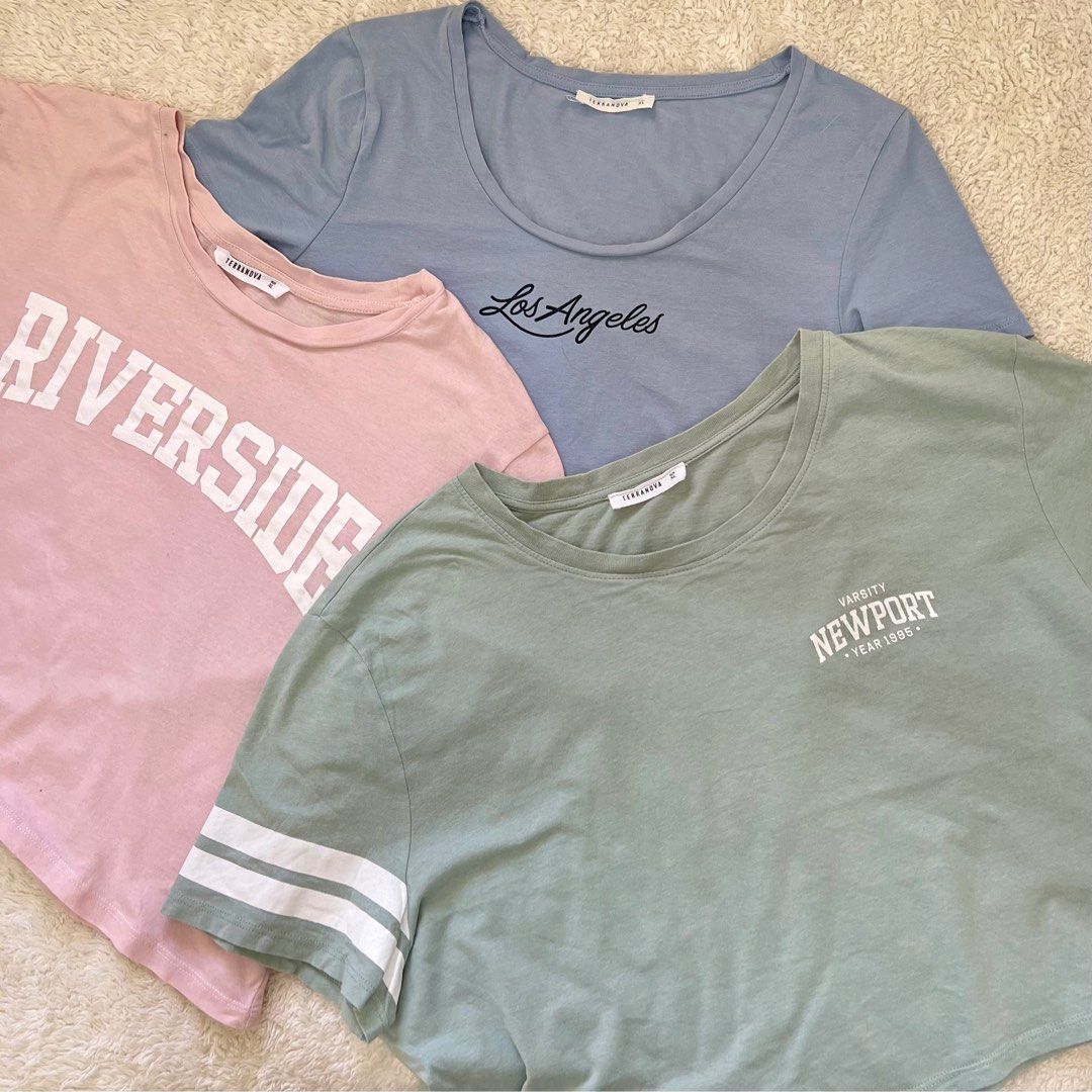 Terranova pastel color cropped tops (Category: Shirts) located in Manila. Submitted by ideclutterss (Listing ID 1301696340, Image 1). Description: Cotton fabric, can fit M-L but size XL on tag 400php for 3 tops rfs: decluttering mod: j&t / sdd lalamove.