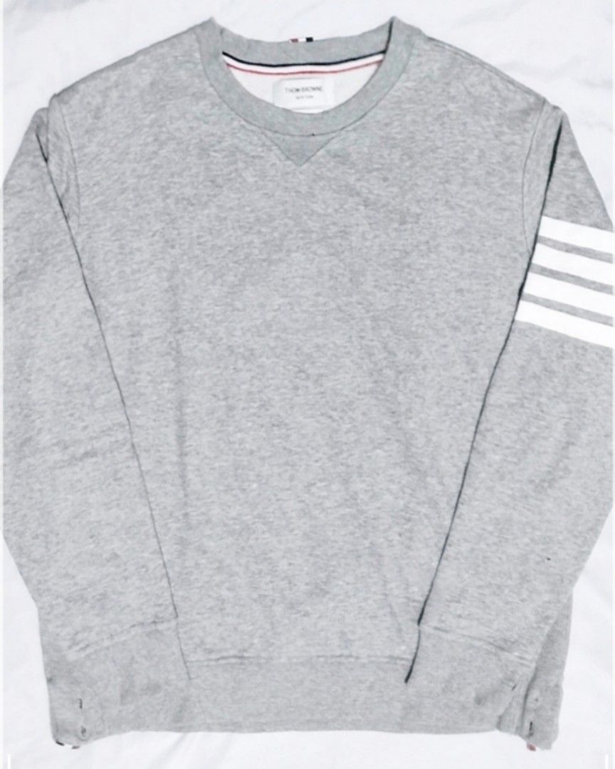Thom Browne Gray Jersey Knit Bar Loop Sweatshirt (Authentic/Legit) (Category: Coats, Jackets and Outerwear) located in Pasig City. Submitted by crazyrich.mnl (Listing ID 1246930760, Image 1). Description: Width-22 Length-26.5 Guaranteed Authentic. Retail Price still up for $744 (P40,920) Pm for more info ;).