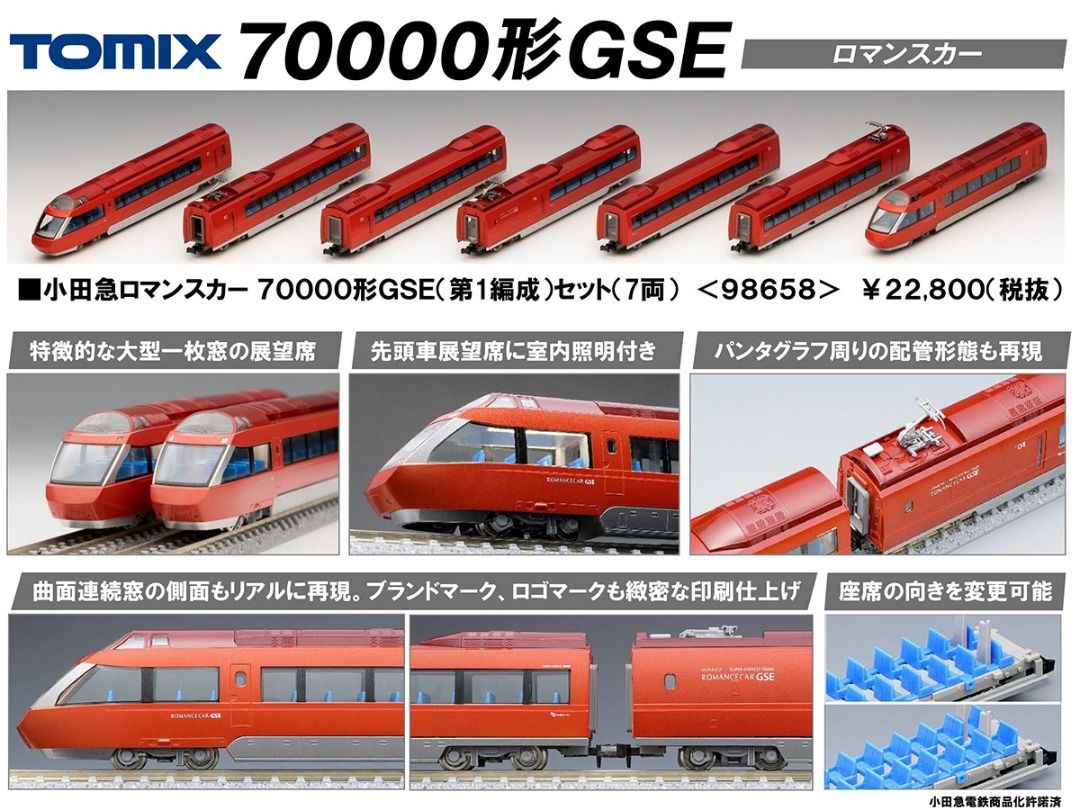 Tomix 98658 小田急 浪漫特急 Odakyu Romancecar 70000形 GSE 第1編成 7両 (附專用車內照明燈)  新型觀光特急列車 JR東日本 東海道本線 東京 山手線 秋葉原 路軌 鐵道模型 火車 新幹線 近鐵 電車 N比 機関車 稀有品 n 1:150  1/150