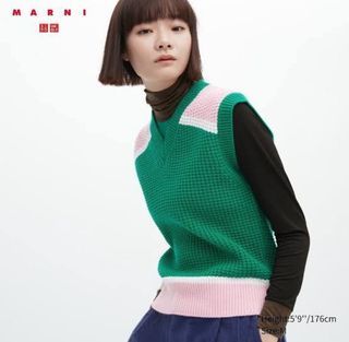 UNIQLO x MARNI Green & Pink Popcorn Knitted V-Neck Vest