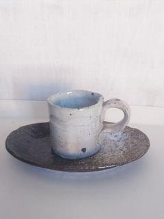 Unique stoneware mini mug saucer set rustic