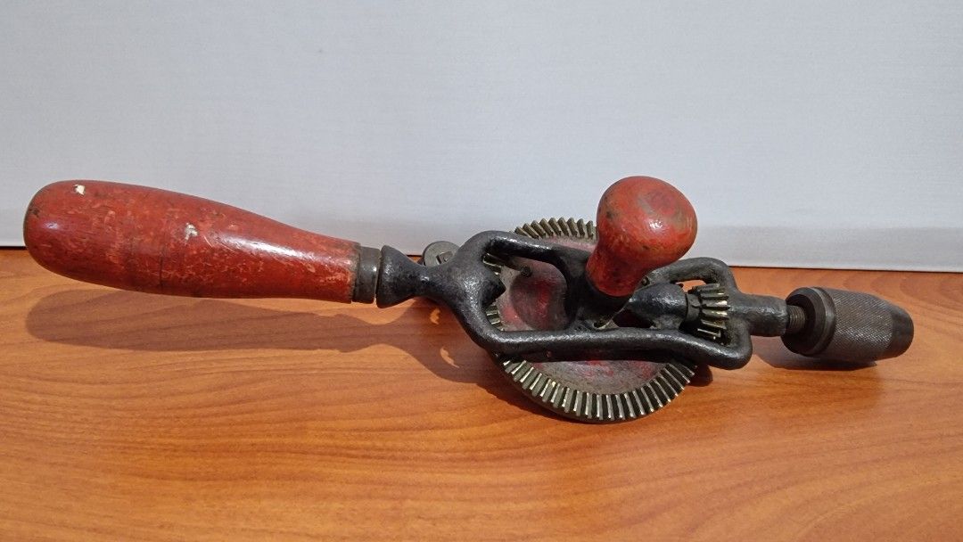 Vintage Egg Beater Hand Drill (Category: Home Improvement Tools & Accessories) located in Binangonan. Submitted by c_r_i_s (Listing ID 1301732801, Image 2). Description: Vintage Egg Beater Hand Drill 30 cm or 11.8 in With light signs of use The 3 jaw chuck works and holds bits tightly Some light wear on the wooden handles Needs lubrication In very good condition.
