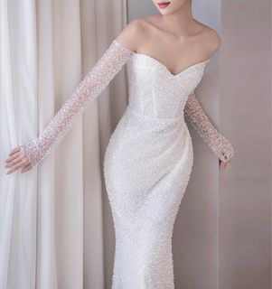 白色魚尾一字肩輕婚紗裙 婚禮婚紗照 亮片 珠63016496277251110