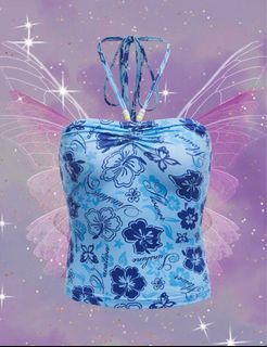 Y2K Floral and Letter Graphic Bead Blue Beach Summer Tube Halter Tie Top