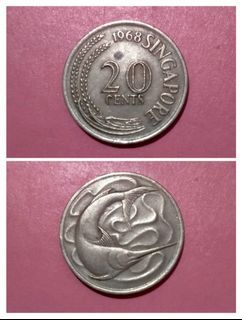 (1968) 20 Cents Singapore Asian Coin Collectible Vintage Old Money Currency Retro Classic Collector Coins Currencies Rare Limited Token Collection Singaporean Swordfish Commemorative Memorabilia 60s Cent