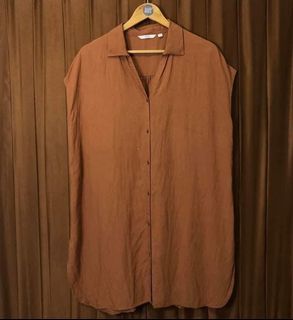 #A359 Uniqlo Linen Blend Short Sleeve Dress (Womens)(Brown)