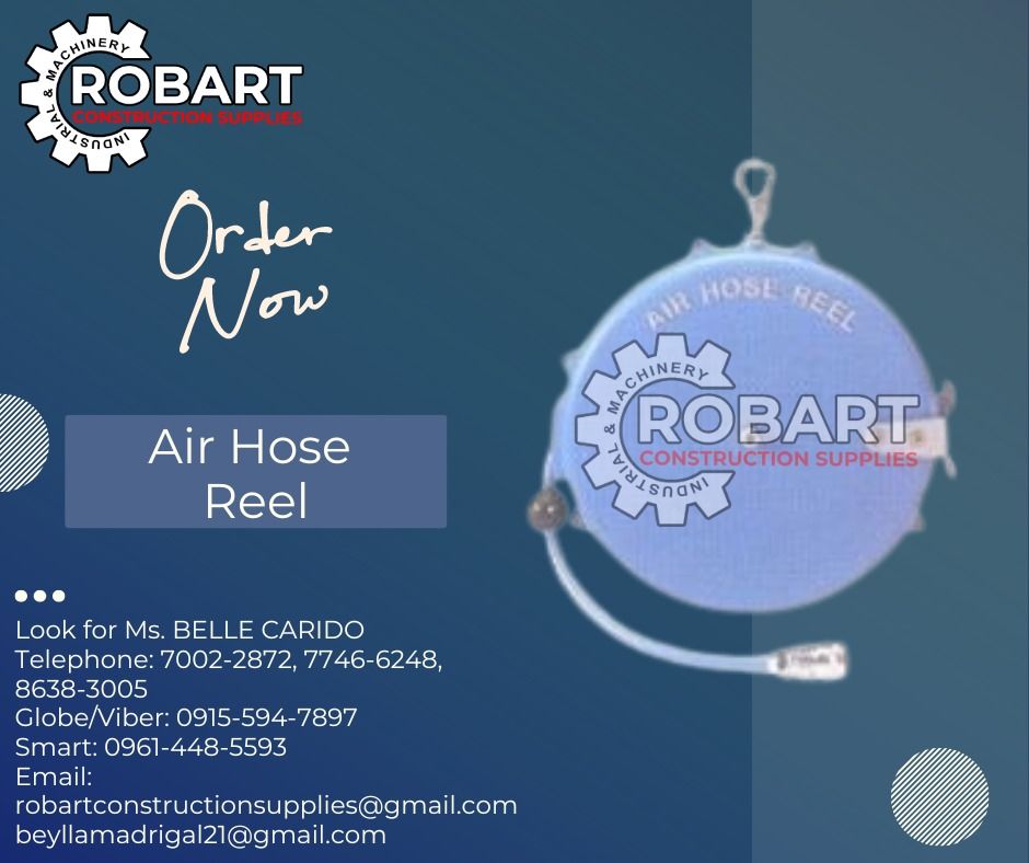 Air Hose Reel (Category: Construction Tools & Equipment) located in Manila. Submitted by bellarobart (Listing ID 1301872685, Image 1). Description: Air Hose Reel Brand: Topmax Model: AHR-0015 Size: 1/4" x 8m Price: 2,145 Model: AHR-0016 Size: 3/8" x 8m Price: 2,860 𝑹𝑶𝑩𝑨𝑹𝑻 𝑪𝑶𝑵𝑺𝑻𝑹𝑼𝑪𝑻𝑰𝑶𝑵 𝑺𝑼𝑷𝑷𝑳𝑰𝑬𝑺 #RobartConstructionSupplies #robartph #constructionmaterials #industrialsupply Office Address: 1405 Yuseco St. Sta Cruz Manila SE