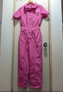 BARBIE PINK JUMPSUIT COLLARED WINDBREAKER MATERIAL WITH BELT LOOP AND GARTERIZED BACK