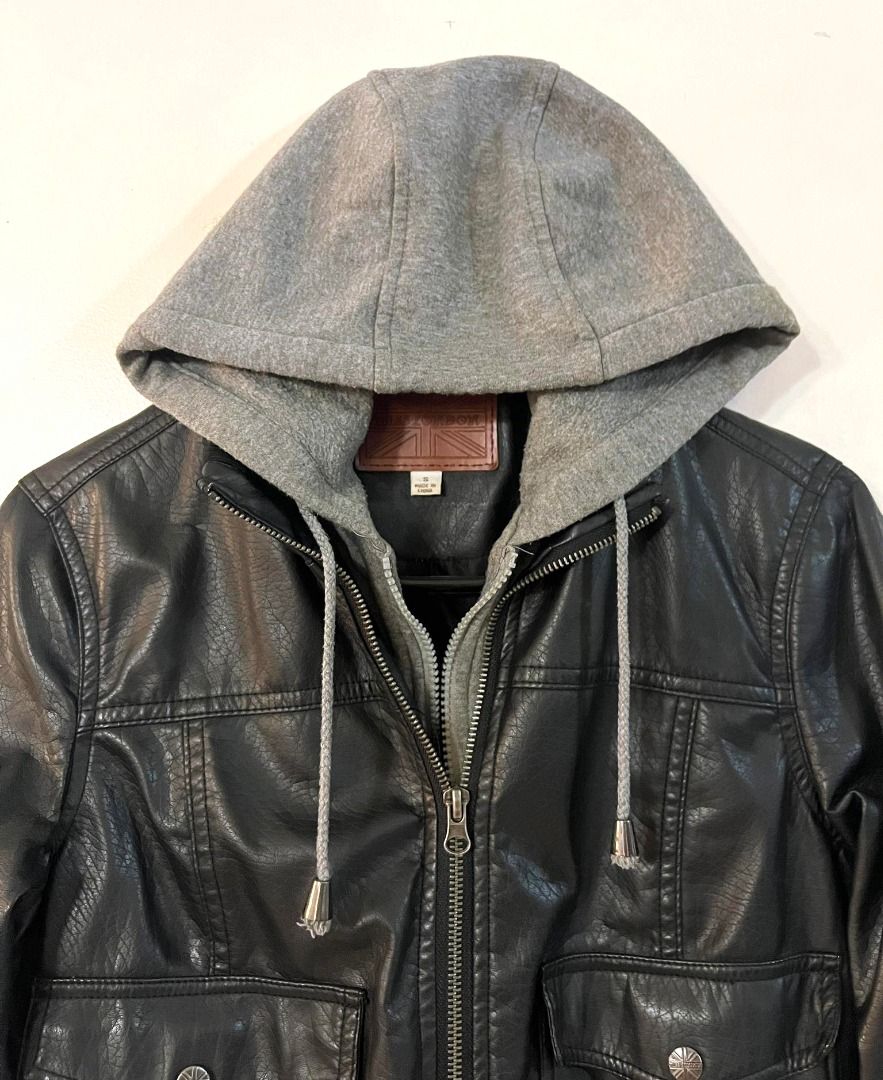 Black Leather Hooded Jacket, Women's Fashion, Coats, Jackets and ...