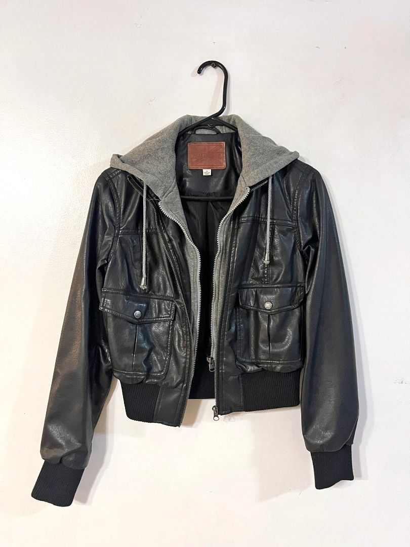 Black Leather Hooded Jacket, Women's Fashion, Coats, Jackets and ...