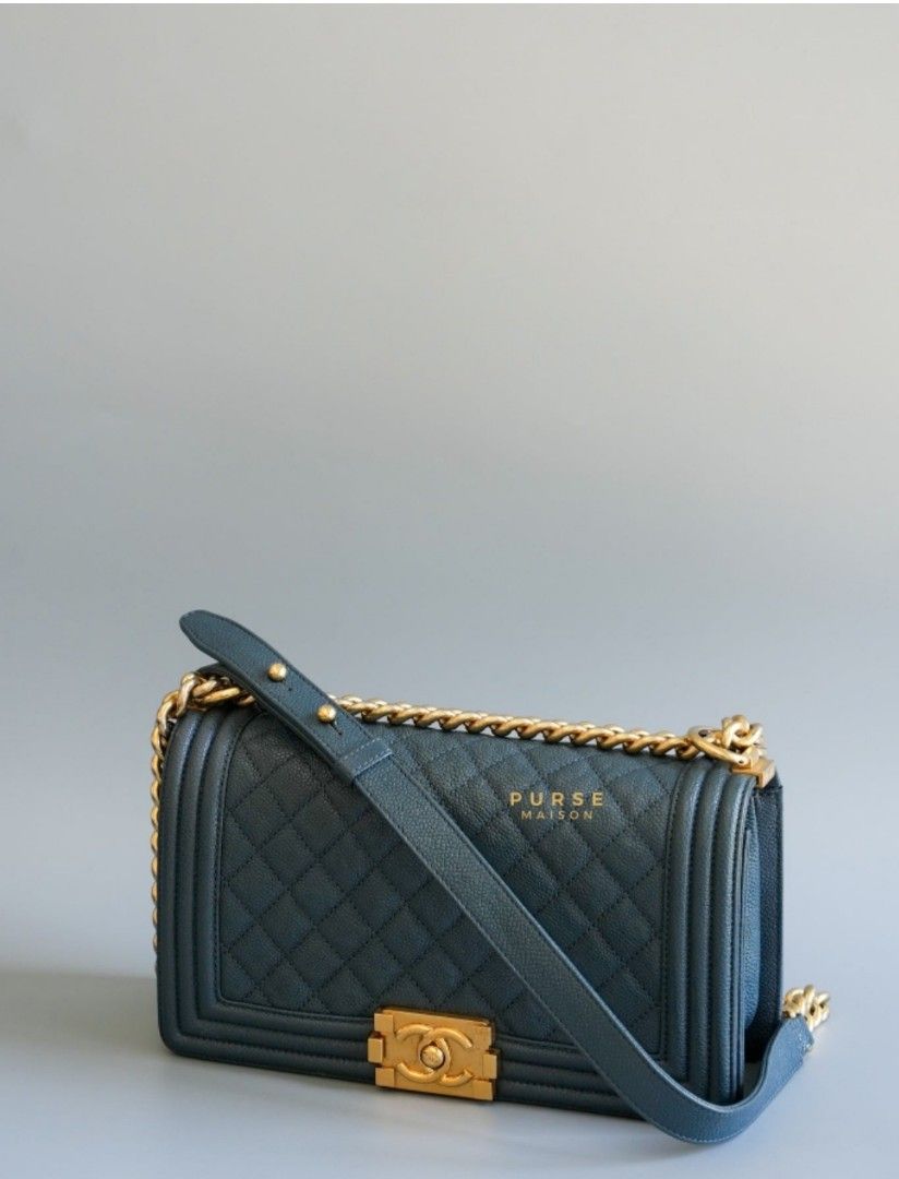 Chanel Boy Old Medium in Navy Blue Caviar Leather and Aged Gold Hardware Series 23 Luxury Bags Wallets on Carousell