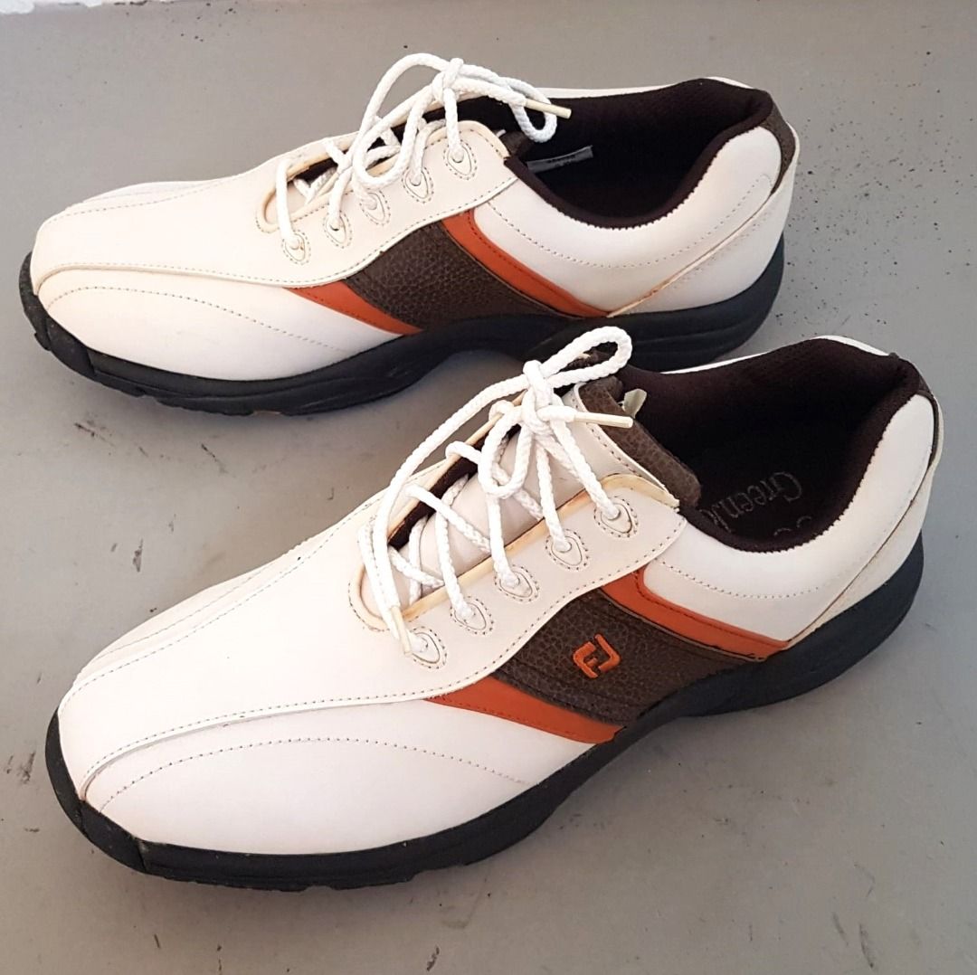 Classic FOOTJOY Designer Golf Shoes US 9 Green Joy Model Premium Golfing Fashion White with Brown Soft Cleats Original Footwear Active
