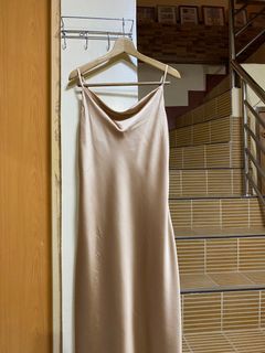 Elegant Silk Gold Cowl Neck Strap Long Dress