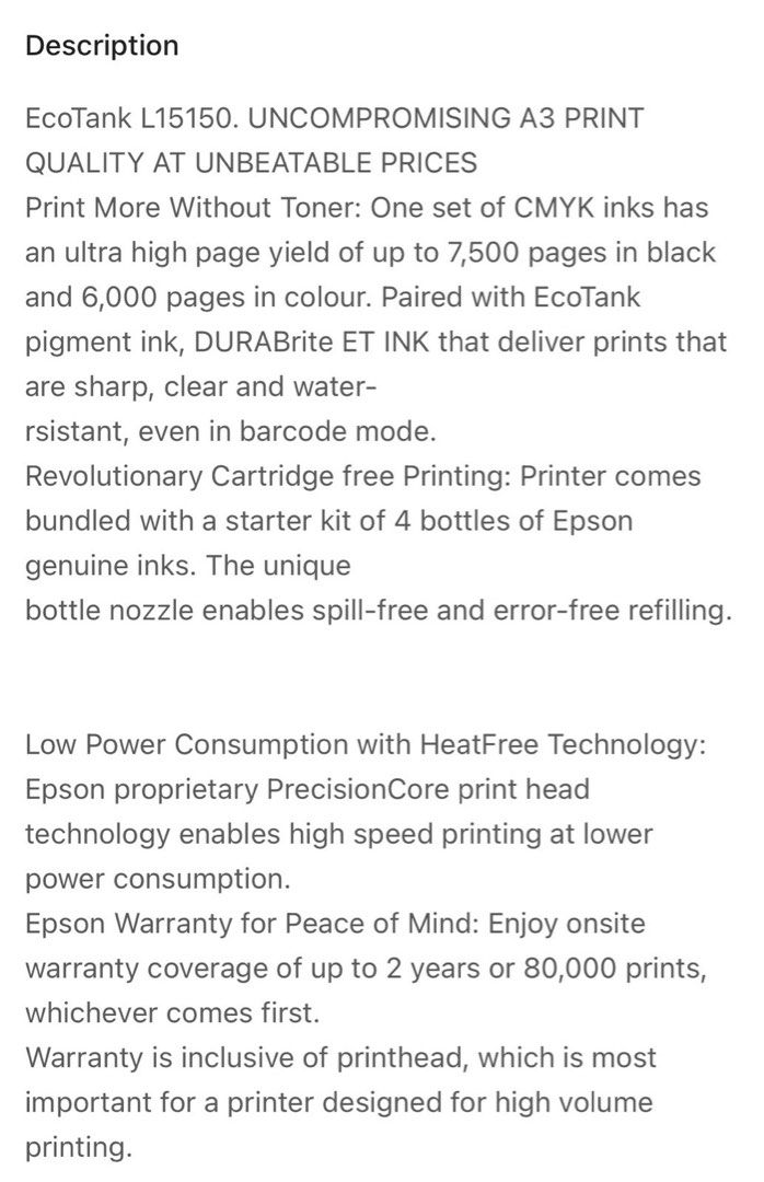 EPSON L15150 A3 PRINTER (Category: Printers, Scanners & Copiers) located in Pasig City. Submitted by jackiemaria (Listing ID 1301888141, Image 2). Description: PRINT SCAN COPY FAX FULL DUPLEX WIFI ECO TANK PIGMENT INK Bought this year 2024 RFS taking to much space in my office and hindi na nagagamit. .
